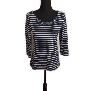 Banana Republic Striped Jewel Neck Top Women XS Navy Blue White Nautical Coastal